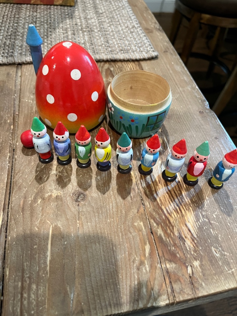 Vintage Hand-Painted Wooden Mushroom bowling set - Red, Yellow, Teal